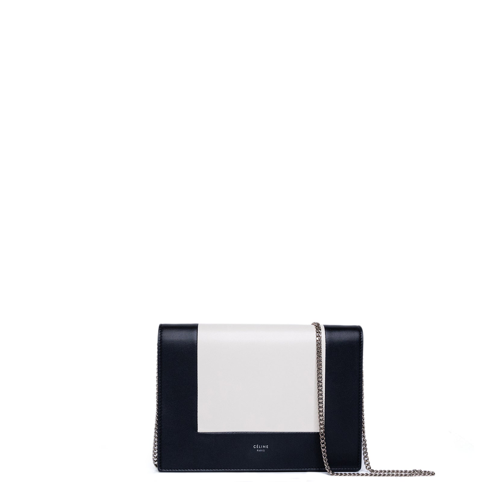CELINE FRAME WALLET ON CHAIN CROSSBODY BAG BLACK & WHITE CALFSKIN SHW