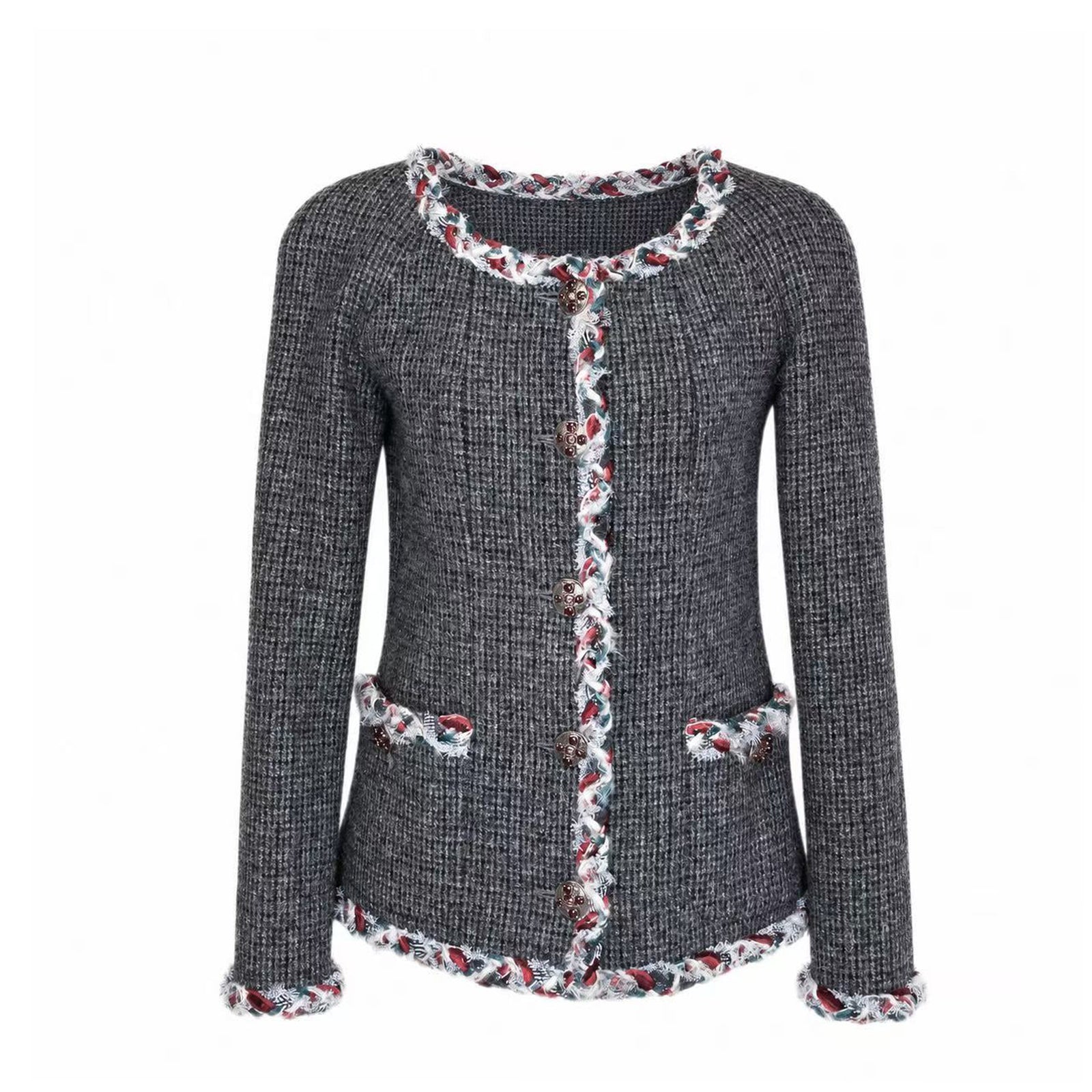 CHANEL 2010S BOUCLE-KNIT WOOL JACKET GREY SIZE 36
