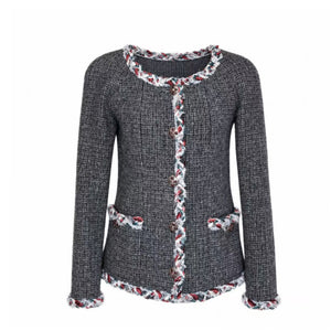 CHANEL 2010S BOUCLE-KNIT WOOL JACKET GREY SIZE 36