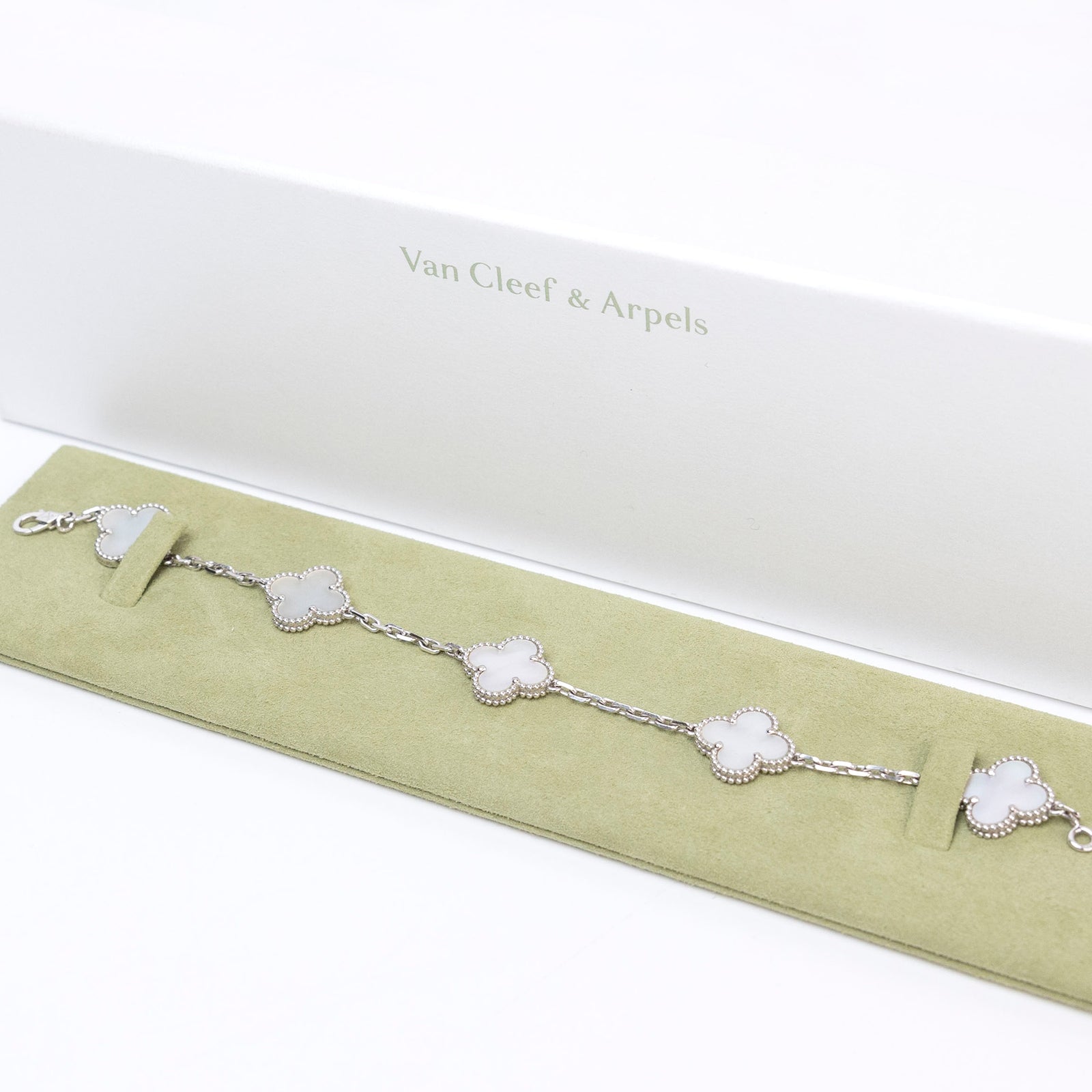 VAN CLEEF & ARPELS VINTAGE ALHAMBRA BRACELET , 5 MOTIF , 18K WHITE GOLD , MOTHER OF PEARL