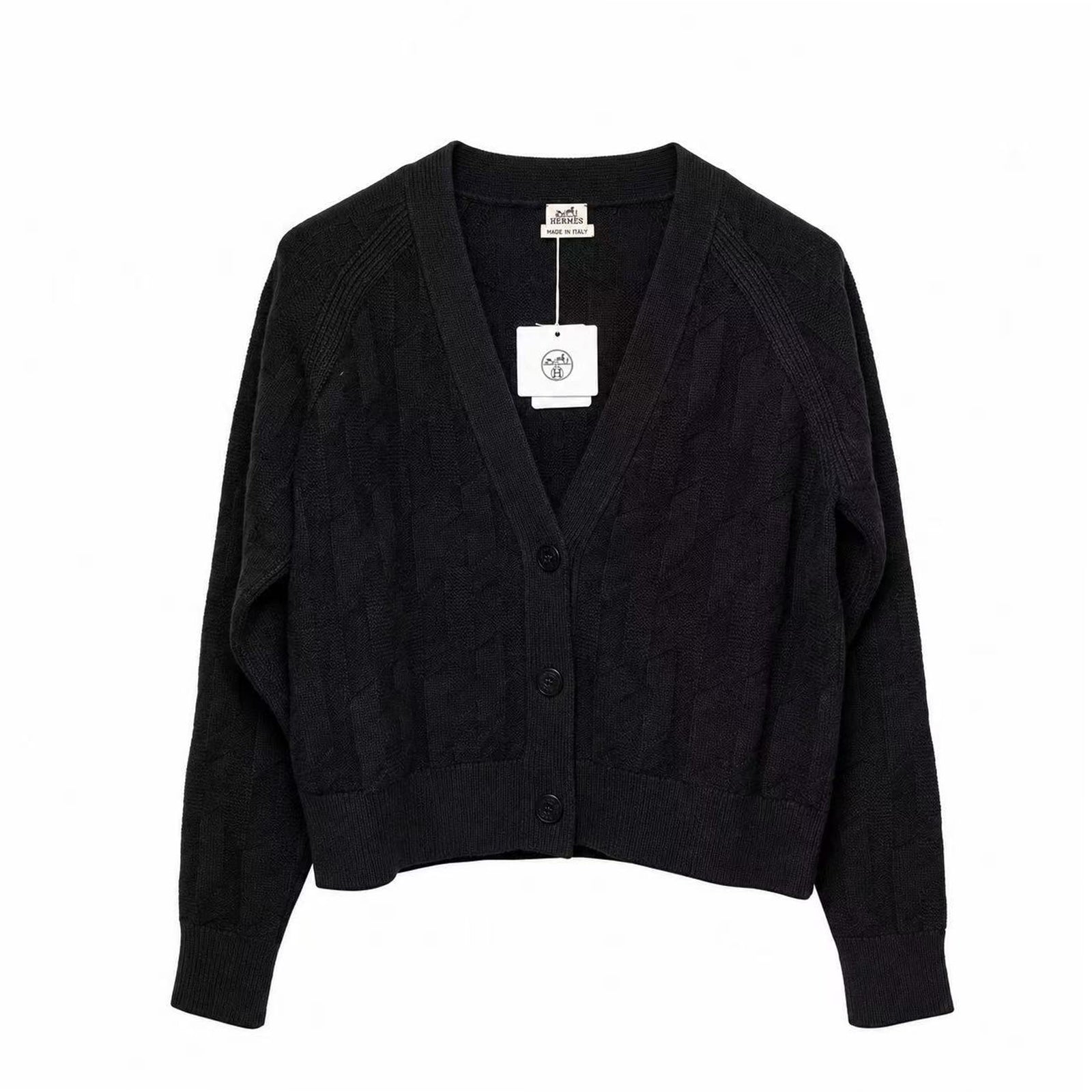 HERMES H'' LONG-SLEEVE CARDIGAN BLACK SWEATER SIZE 36