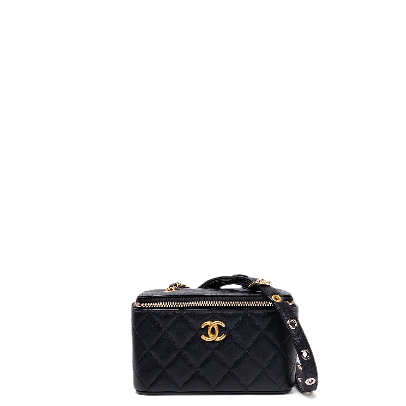 CHANEL LONG VANITY CASE WITH CHAIN LAMBSKIN BLACK GHW