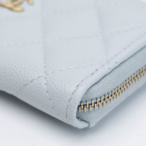 CHANEL CLASSIC ZIPPED CARD HLDER QUILTED GRAINED CALFSKIN LIGHT BLUE GHW