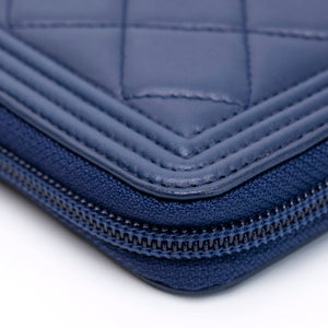 CHANEL SMALL BOY ZIP AROUND CONTINENTAL WALLET BLUE QUILTED CALFSKIN GHW