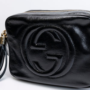 GUCCI SOHO DISCO CAMERA BAG PATENT LEATHER BLACK LGHW