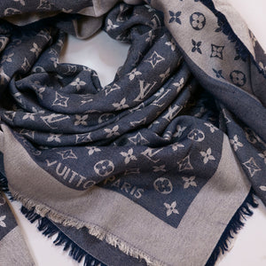 LOUIS VUITTON SILK WOOL MONOGRAM DENIM SHAWL PEARL GREY