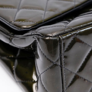 CHANEL MAXI CLASSIC DOUBLE FLAP BAG OLIVE GREEN QUILTED PATENT LEATHER SHW