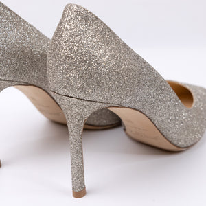 JIMMY CHOO ROMY 85mm PLATINUM ICE DUSTY GLITTER POINTY TOE PUMPS