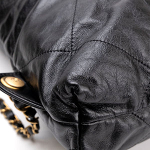 CHANEL LARGE 22 BACKPACK GOLD LETTER LOGO SHINY CALFSKIN BLACK GHW (MICROCHIP)