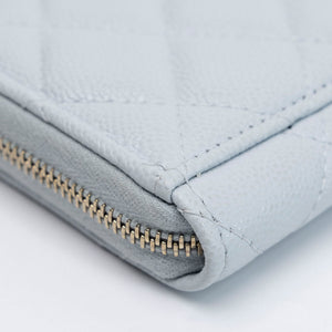 CHANEL CLASSIC ZIPPED CARD HLDER QUILTED GRAINED CALFSKIN LIGHT BLUE GHW