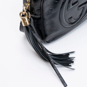 GUCCI SOHO DISCO CAMERA BAG PATENT LEATHER BLACK LGHW