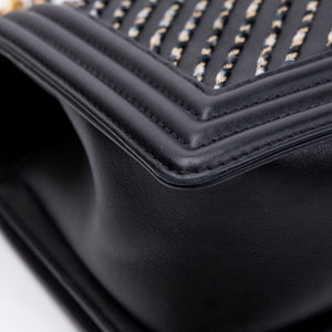 CHANEL MEDIUM LE BOY BRAIDED CHAIN BAG BLACK CALFSKIN LEATHER GHW
