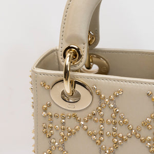 CHRISTIAN DIOR MINI LADY DIOR CRYSTAL CANNAGE METALLIC LAMBSKIN PLATINUM GHW