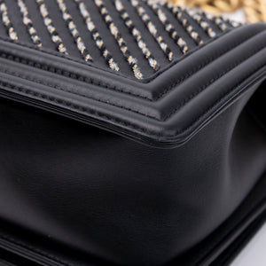 CHANEL MEDIUM LE BOY BRAIDED CHAIN BAG BLACK CALFSKIN LEATHER GHW