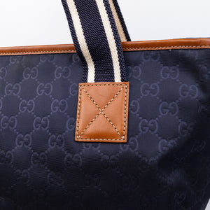 GUCCI TOTE BAG ZIPPER GG PATTERN HANDBAG NAVY NYLON LEATHER