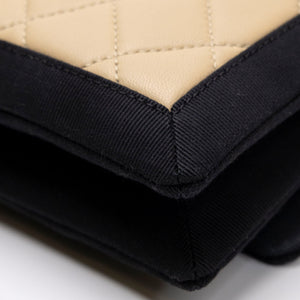 CHANEL SMALL QUILTED LAMBSKIN GROSGRAIN TWO TONE FLAP SHOULDER BAG TAN BLACK HARDWARE