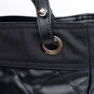CHANEL SMALL QUILTED COATED CANVAS PARIS BIARRITZ TOTE BAG BLACK SHW