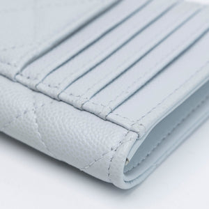 CHANEL CLASSIC ZIPPED CARD HLDER QUILTED GRAINED CALFSKIN LIGHT BLUE GHW
