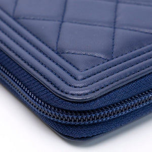 CHANEL SMALL BOY ZIP AROUND CONTINENTAL WALLET BLUE QUILTED CALFSKIN GHW