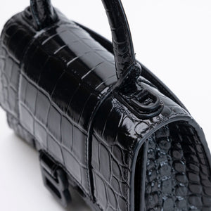 BALENCIAGA HOURGLASS BAG XS CROC-EMBOSSED CALFSKIN SO BLACK