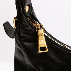 PRADA BLACK VITELLO DAINO LEATHER ZIP TOP HOBO BAG GHW