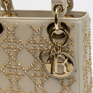 CHRISTIAN DIOR MINI LADY DIOR CRYSTAL CANNAGE METALLIC LAMBSKIN PLATINUM GHW