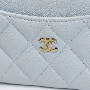 CHANEL CLASSIC ZIPPED CARD HLDER QUILTED GRAINED CALFSKIN LIGHT BLUE GHW