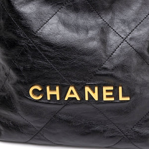 CHANEL LARGE 22 BACKPACK GOLD LETTER LOGO SHINY CALFSKIN BLACK GHW (MICROCHIP)