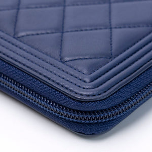 CHANEL SMALL BOY ZIP AROUND CONTINENTAL WALLET BLUE QUILTED CALFSKIN GHW