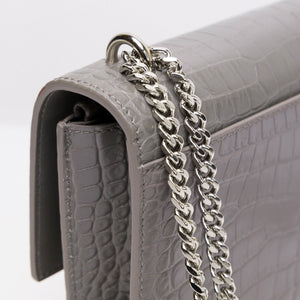 SAINT LAURENT MINI SUNSET BAG GRAY CROCODILE-EMBOSSED CALFSKIN LEATHER SHW