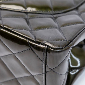 CHANEL MAXI CLASSIC DOUBLE FLAP BAG OLIVE GREEN QUILTED PATENT LEATHER SHW