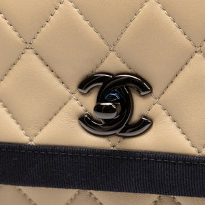 CHANEL SMALL QUILTED LAMBSKIN GROSGRAIN TWO TONE FLAP SHOULDER BAG TAN BLACK HARDWARE