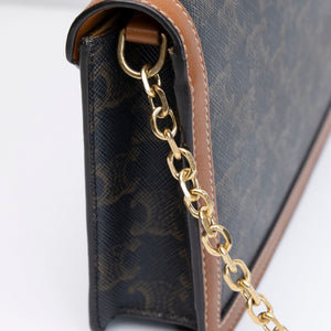 CELINE TRIOMPHE CANVAS CALFSKIN WALLET ON CHAIN TAN GHW