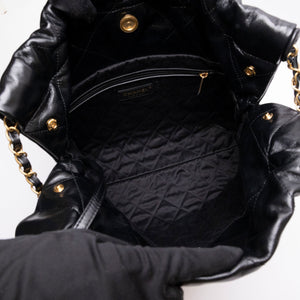 CHANEL SMALL 22 BAG BLACK SHINY CALFSKIN LEATHER GHW (MICROCHIP)