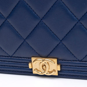 CHANEL SMALL BOY ZIP AROUND CONTINENTAL WALLET BLUE QUILTED CALFSKIN GHW