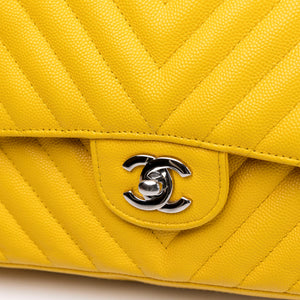 CHANEL MEDIUM CLASSIC CHEVRON DOUBLE FLAP BAG YELLOW CAVIAR SHW