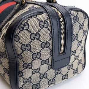 GUCCI MONOGRAM VINTAGE WEB BOSTON BAG NAVY GG CANVAS GHW