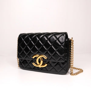 CHANEL GIANT CC LOGO FLAP BAG LAMBSKIN BLACK GHW (MICROCHIP)
