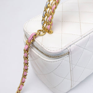 CHANEL TOP HANDLE LONG VANITY CASE WITH CHAIN WHITE LAMBSKIN GHW