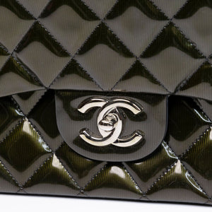 CHANEL MAXI CLASSIC DOUBLE FLAP BAG OLIVE GREEN QUILTED PATENT LEATHER SHW