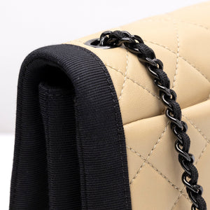 CHANEL SMALL QUILTED LAMBSKIN GROSGRAIN TWO TONE FLAP SHOULDER BAG TAN BLACK HARDWARE