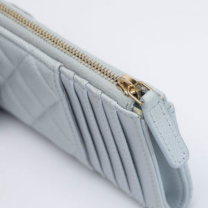 CHANEL CLASSIC ZIPPED CARD HLDER QUILTED GRAINED CALFSKIN LIGHT BLUE GHW