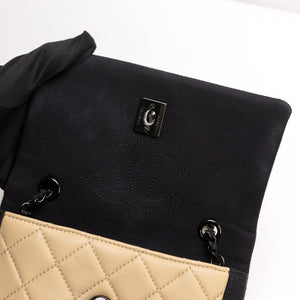 CHANEL SMALL QUILTED LAMBSKIN GROSGRAIN TWO TONE FLAP SHOULDER BAG TAN BLACK HARDWARE