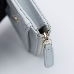 CHANEL CLASSIC ZIPPED CARD HLDER QUILTED GRAINED CALFSKIN LIGHT BLUE GHW