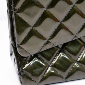 CHANEL MAXI CLASSIC DOUBLE FLAP BAG OLIVE GREEN QUILTED PATENT LEATHER SHW