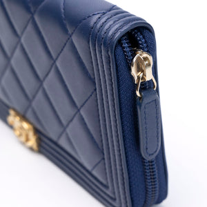CHANEL SMALL BOY ZIP AROUND CONTINENTAL WALLET BLUE QUILTED CALFSKIN GHW