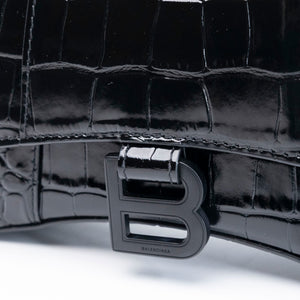 BALENCIAGA HOURGLASS BAG XS CROC-EMBOSSED CALFSKIN SO BLACK