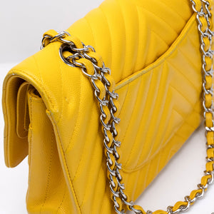 CHANEL MEDIUM CLASSIC CHEVRON DOUBLE FLAP BAG YELLOW CAVIAR SHW