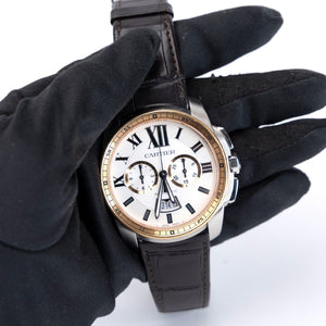 CARTIER CALIBRE DE CARTIER 42MM CHRONOGRAPH STAINLESS STEEL WATCH 18K ROSE GOLD
