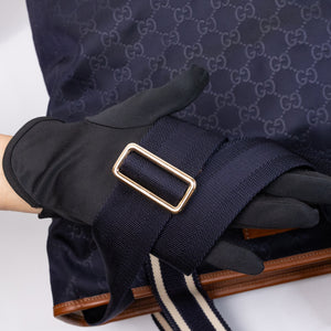 GUCCI TOTE BAG ZIPPER GG PATTERN HANDBAG NAVY NYLON LEATHER